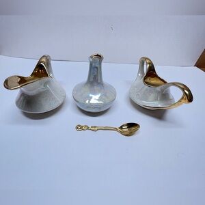 Vtg. MCM Creamer, Sugar, Spoon, Water/Tea Pot Pearl China Co 22K Gold Accent Lus